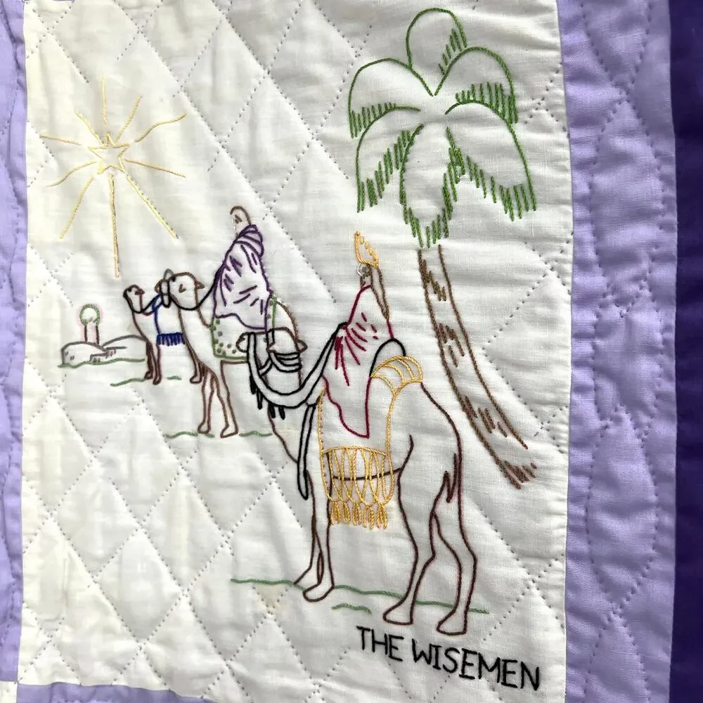 Vintage Hand Made Quilt Old Testament Embroidered Purple Border